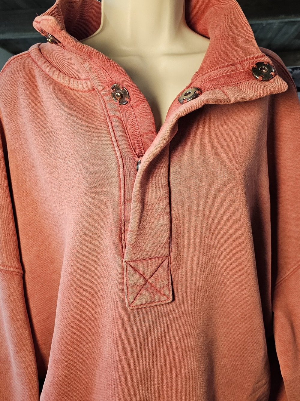 We The Free Free People Snap Button Funnel Neck Pullover Sweatshirt Coral Pink L